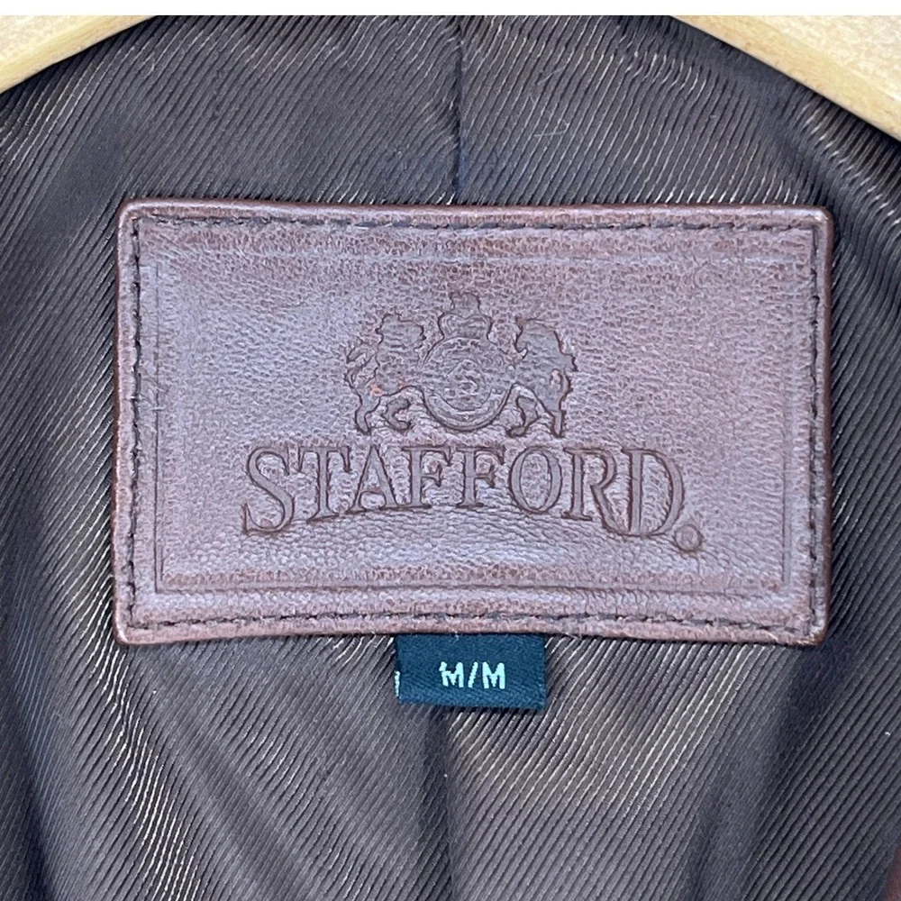 Stafford Brown Genuine Leather Blazer Jacket Mens‎ M Y2K Minimalist Sport Coat